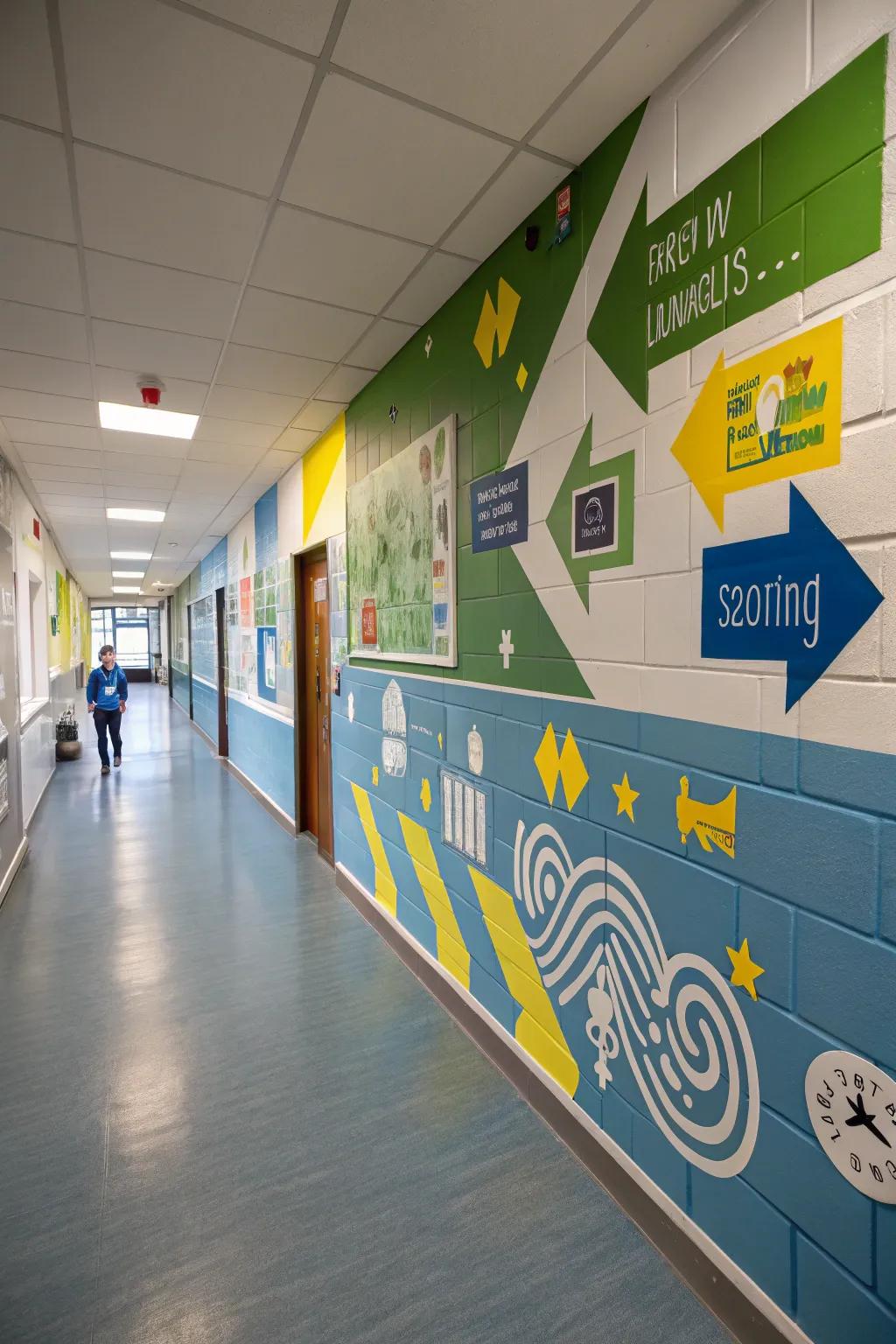 Directional graphics add both functionality and fun to this school corridor.