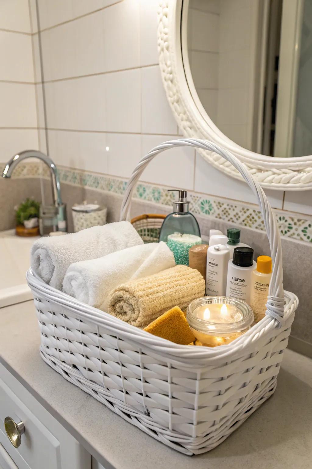 A luxurious bathing experience white gift basket for ultimate relaxation.