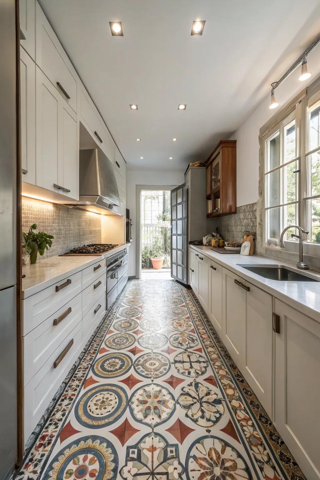 Audacious flooring selections bestowing personality upon a broad galley kitchen.