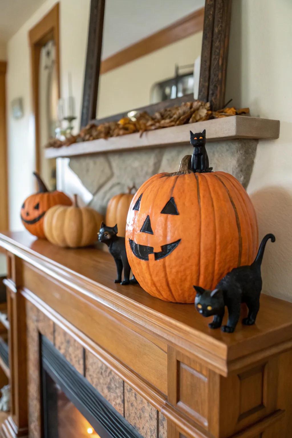 Pumpkin accompanied by mysterious black cats.