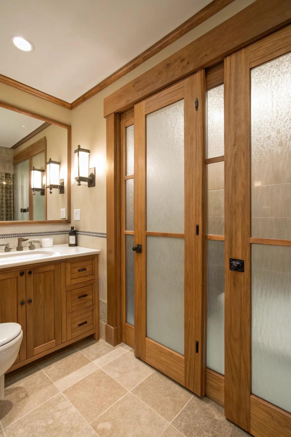 Obscured glass and wood create a balanced blend of personal space and style.