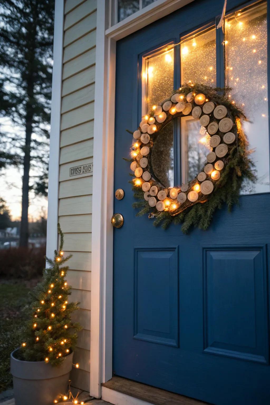 Illuminated strands and wooden circle enchantment for a radiant effect.