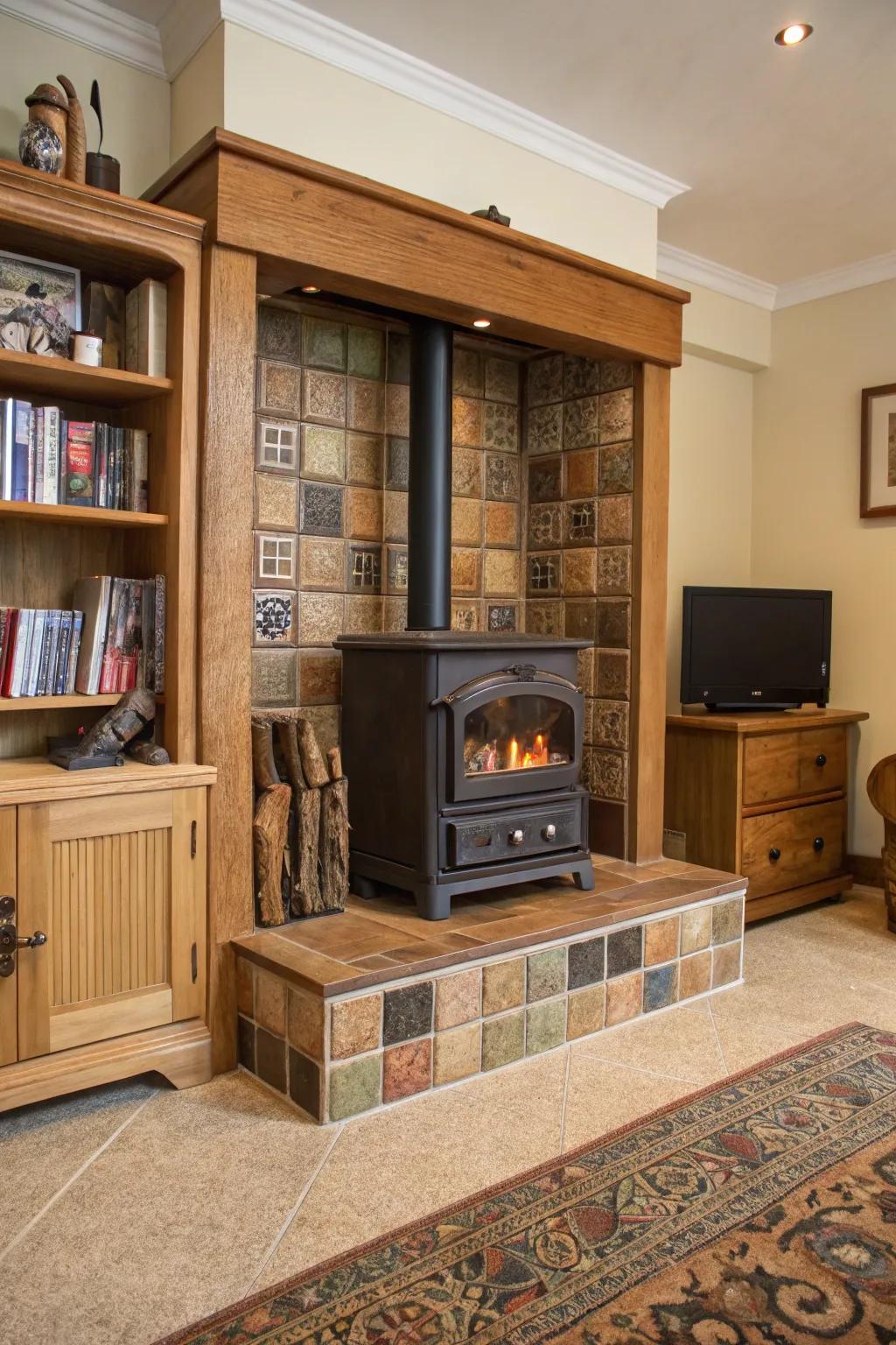Tile surrounds with built-in storage include usefulness and attraction to your wood heater space.