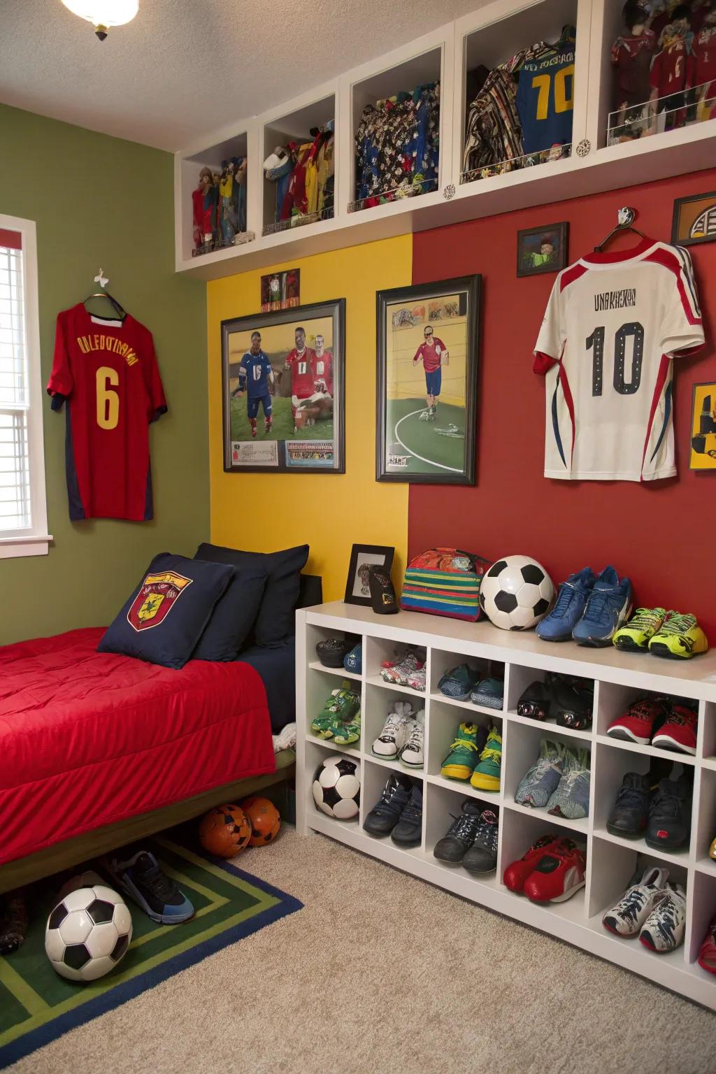 Sports memorabilia serves as both decor and a showcase of passions.