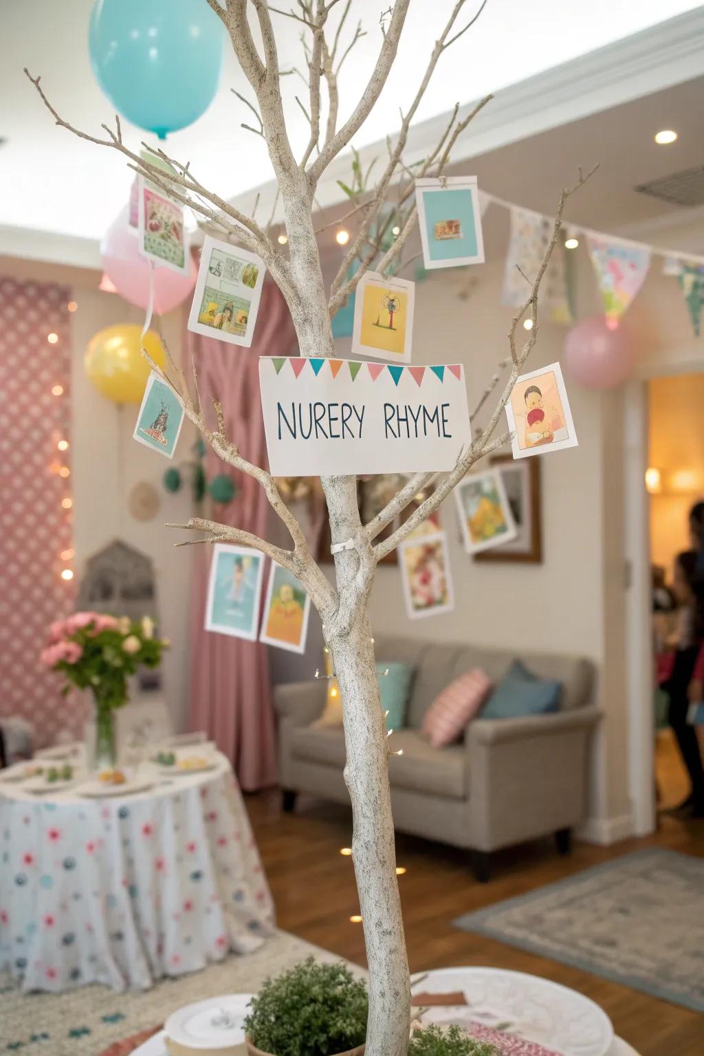 A nursery rhyme tree with rhyme cards hanging from branches.