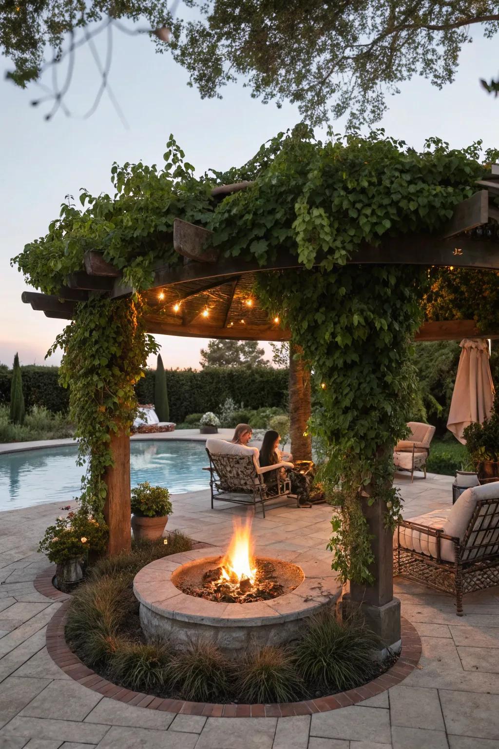 Fire features add warmth and charm to pergola settings.