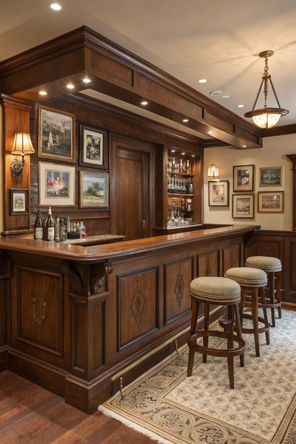 Classic pub-style paneling introduces timeless allure to your home bar.