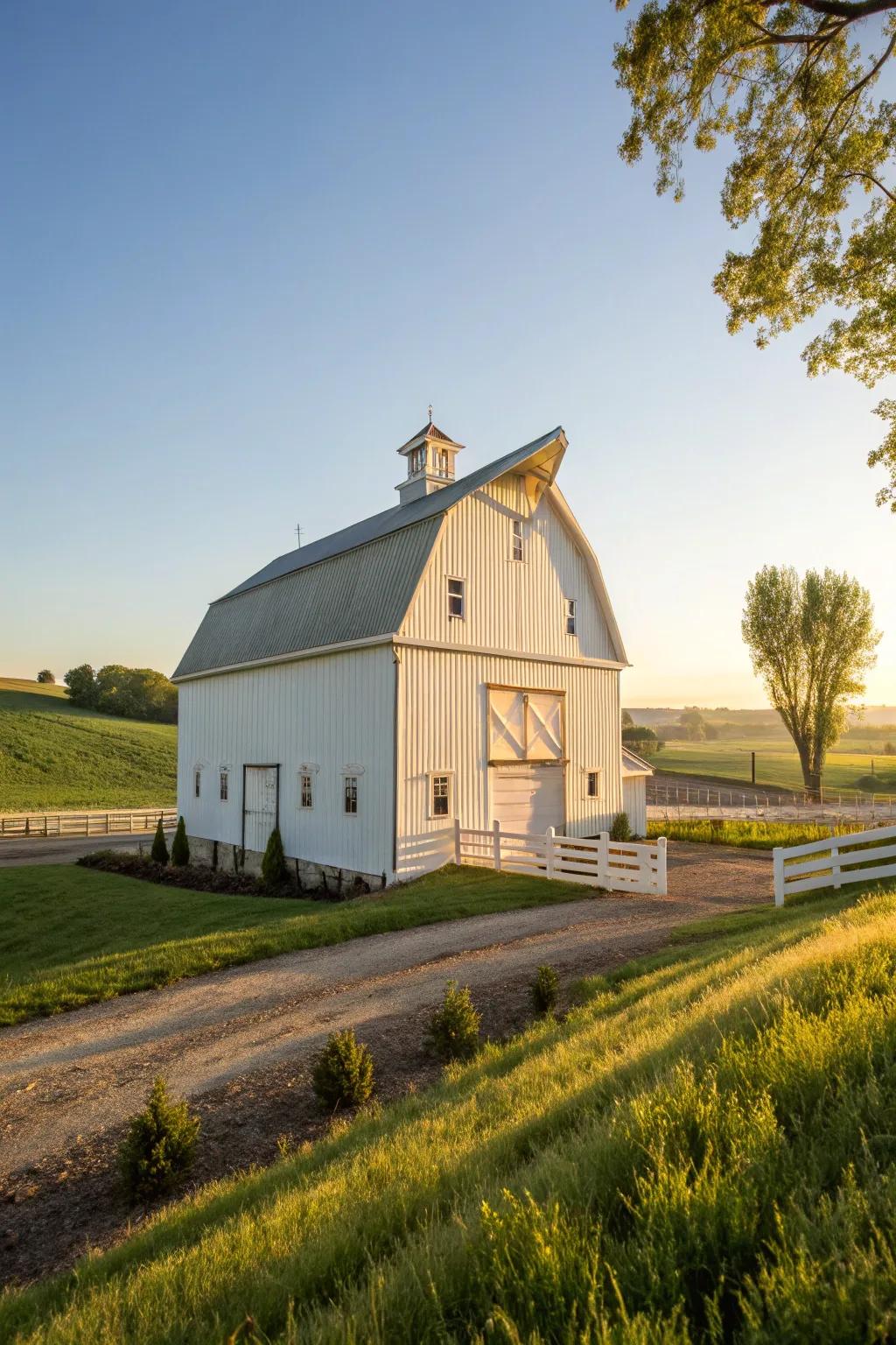 An elegant soft white barn that radiates tranquility.