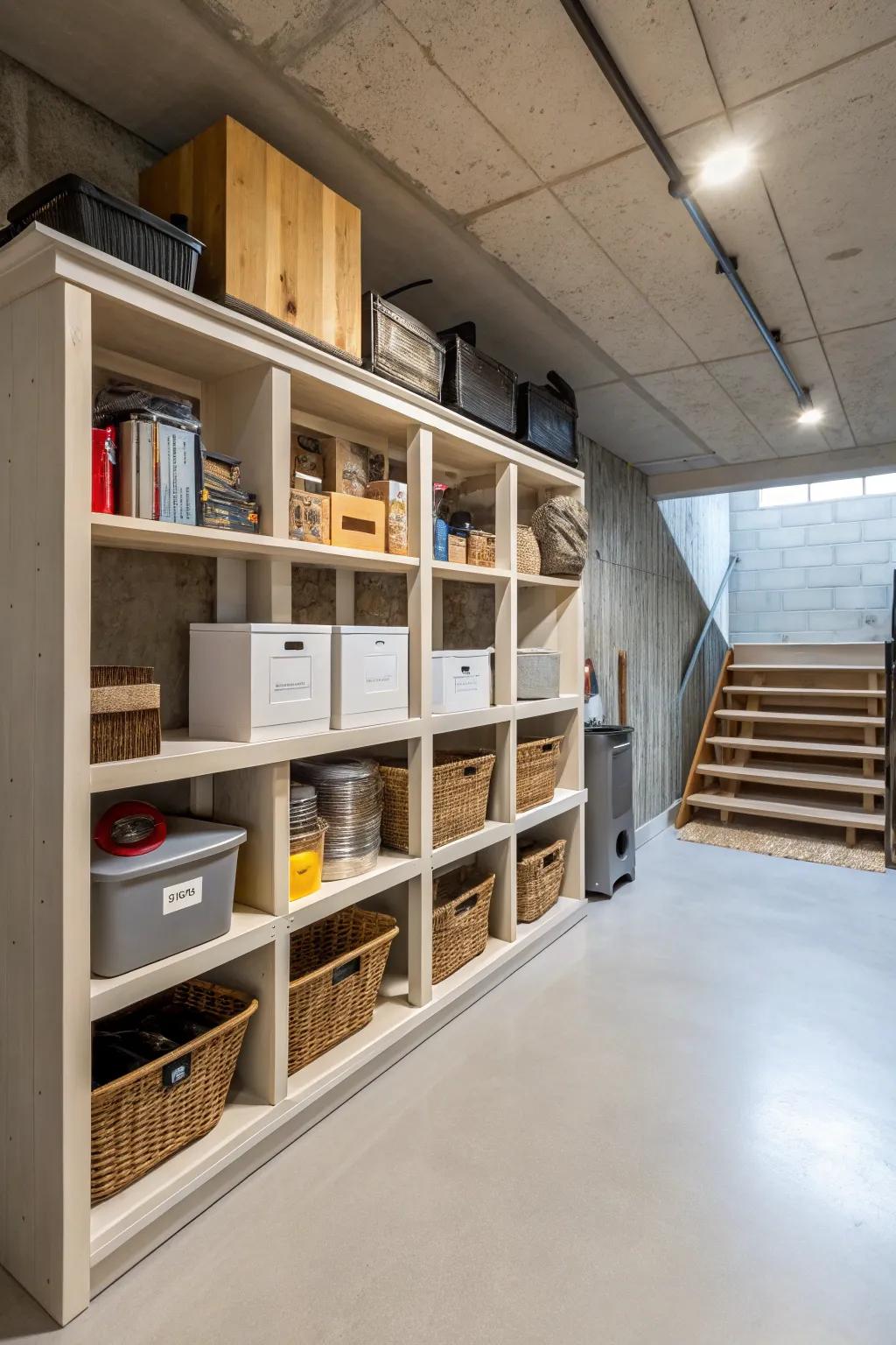 Basement with built-in shelving offering smart storage solutions.