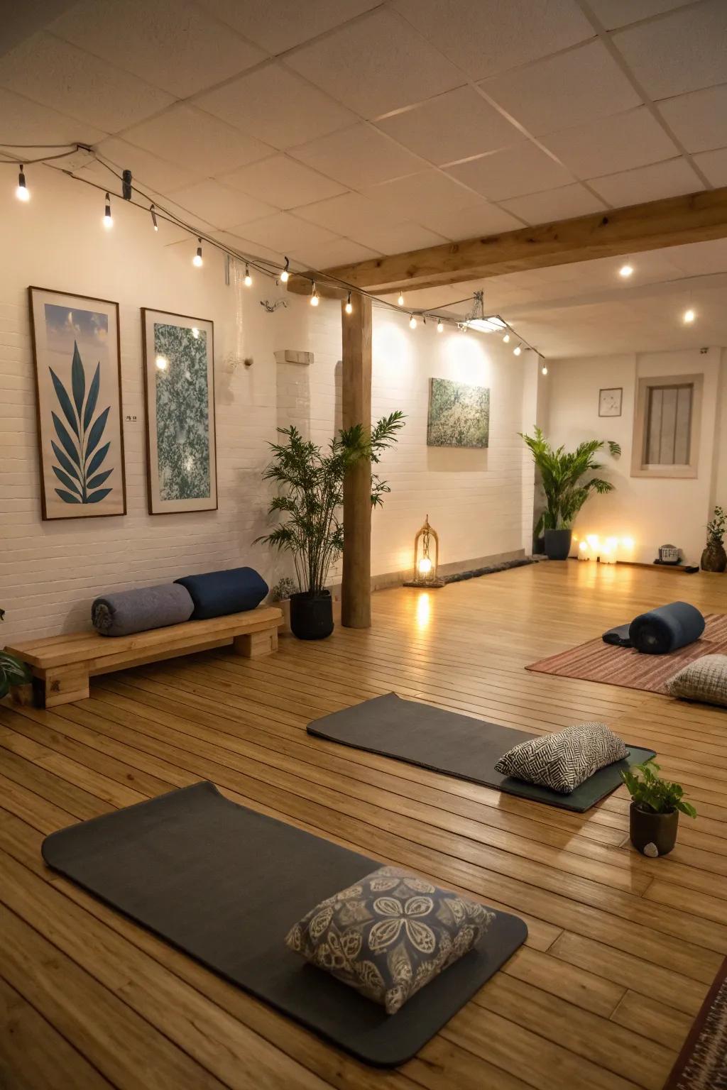 A calming yoga retreat in the basement with natural elements and soft lighting.