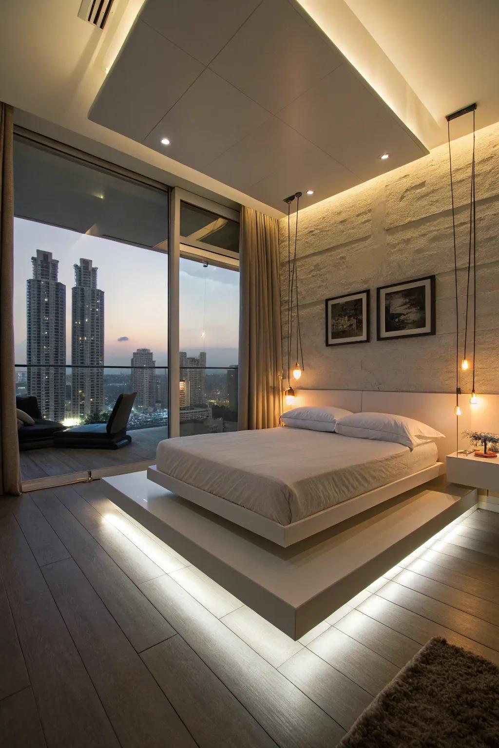 A floating bed frame adds a magical, futuristic element to the room.