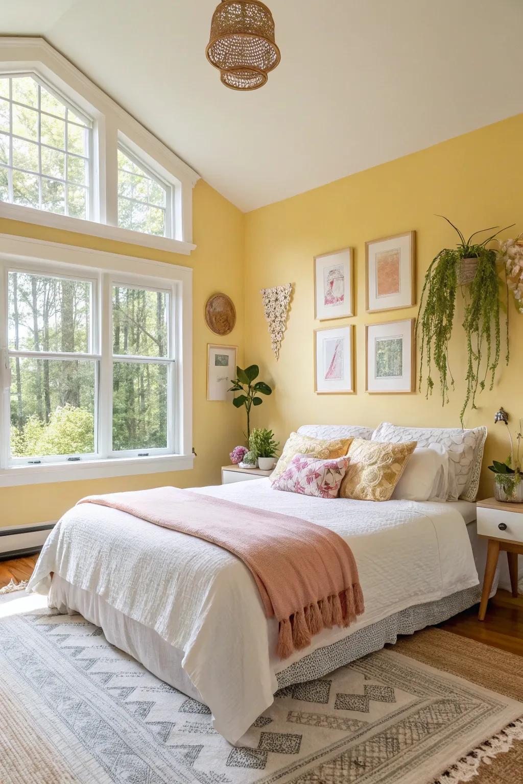 A vibrant sleeping quarter showcasing bright yellow walls that radiate warmth and positivity.
