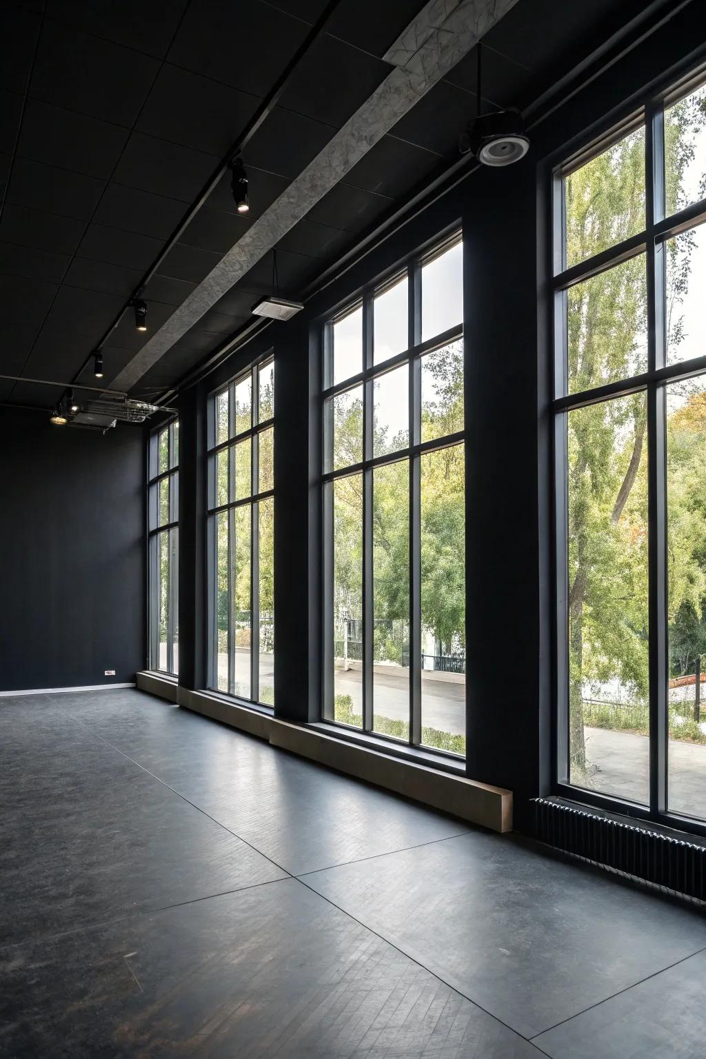 A room where natural light beautifully balances the dark walls.