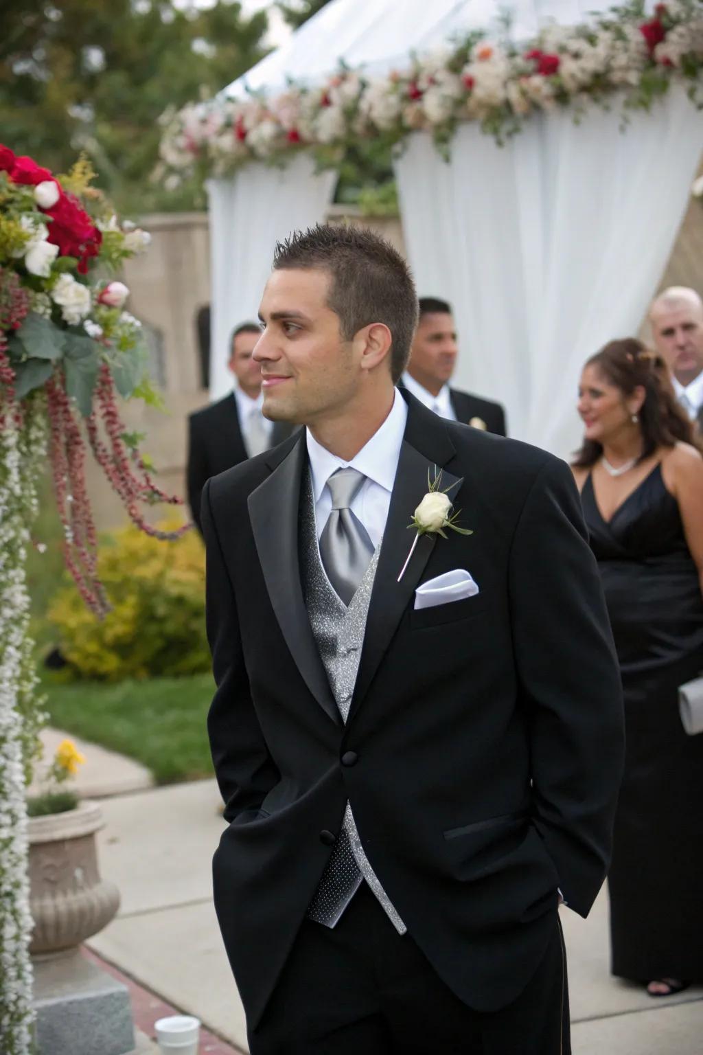 Stylish groom's attire in black and silver.