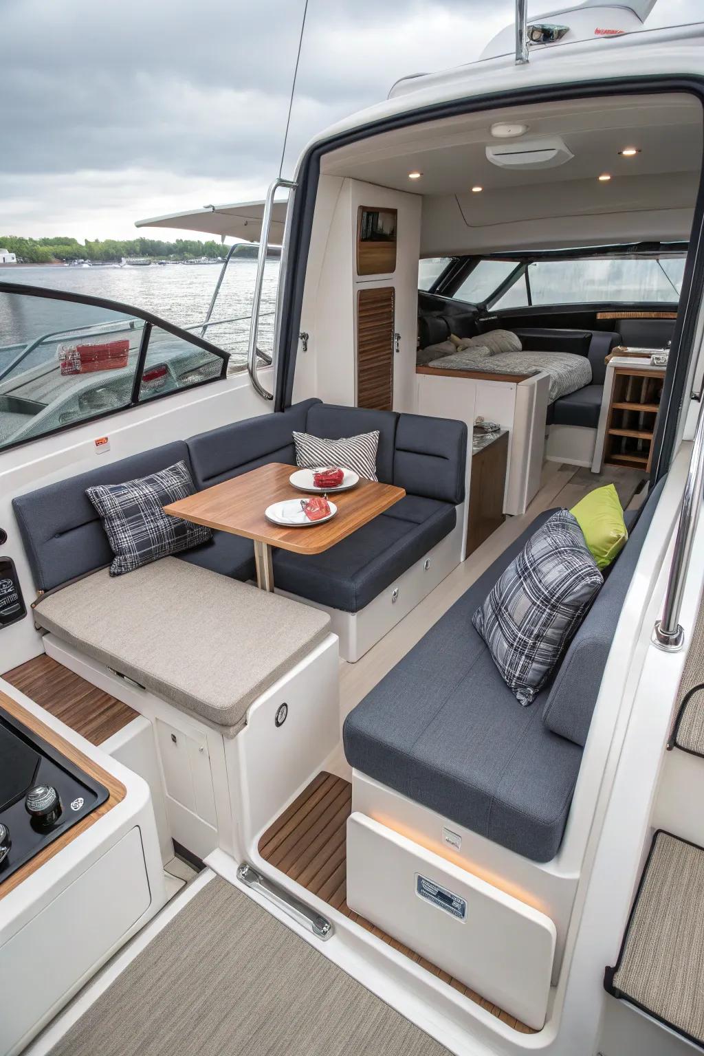 Efficient space usage with multi-functional furniture for a streamlined boat interior.