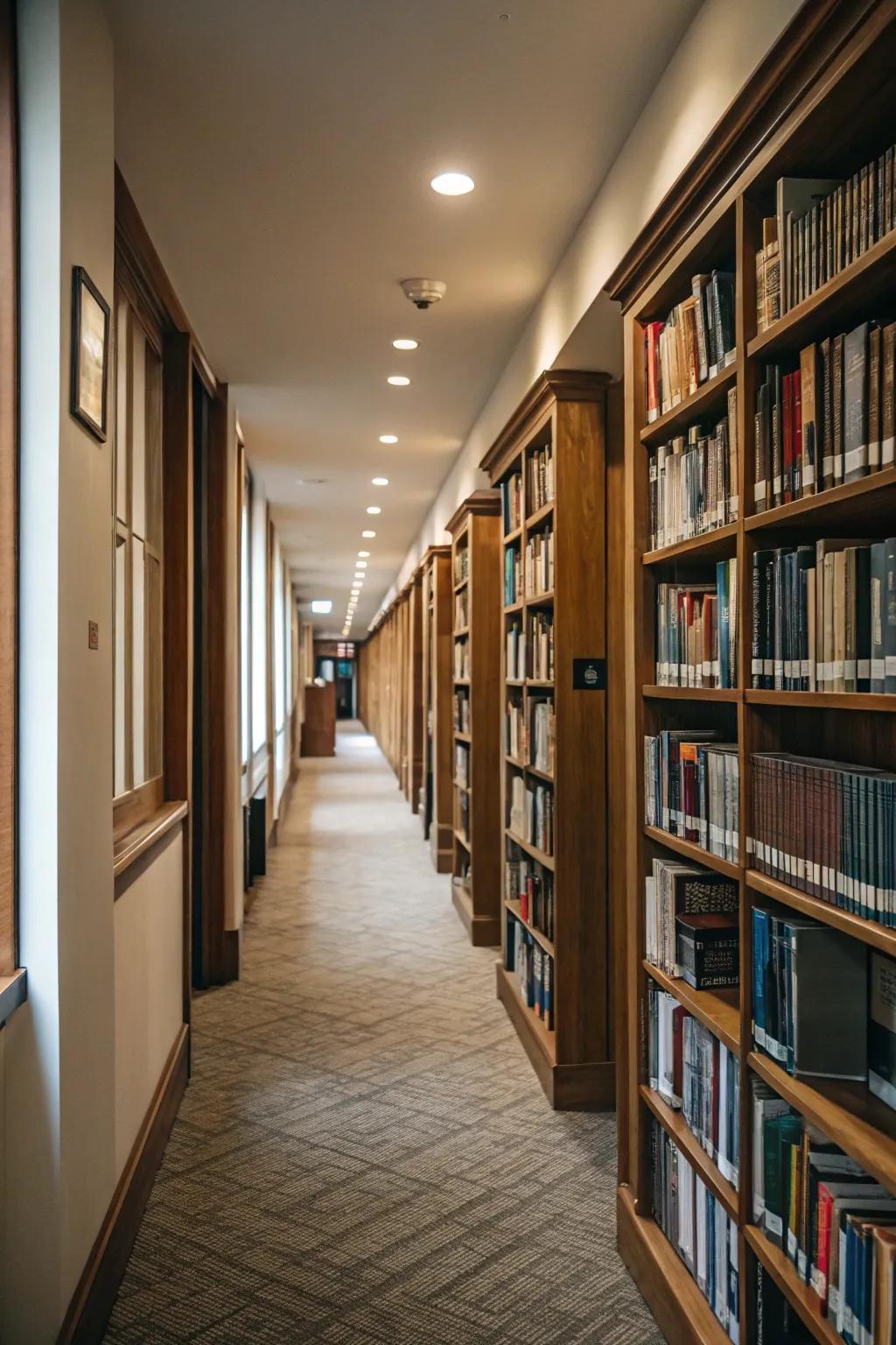 A hallway transformed into a literary walkway with bookshelves.