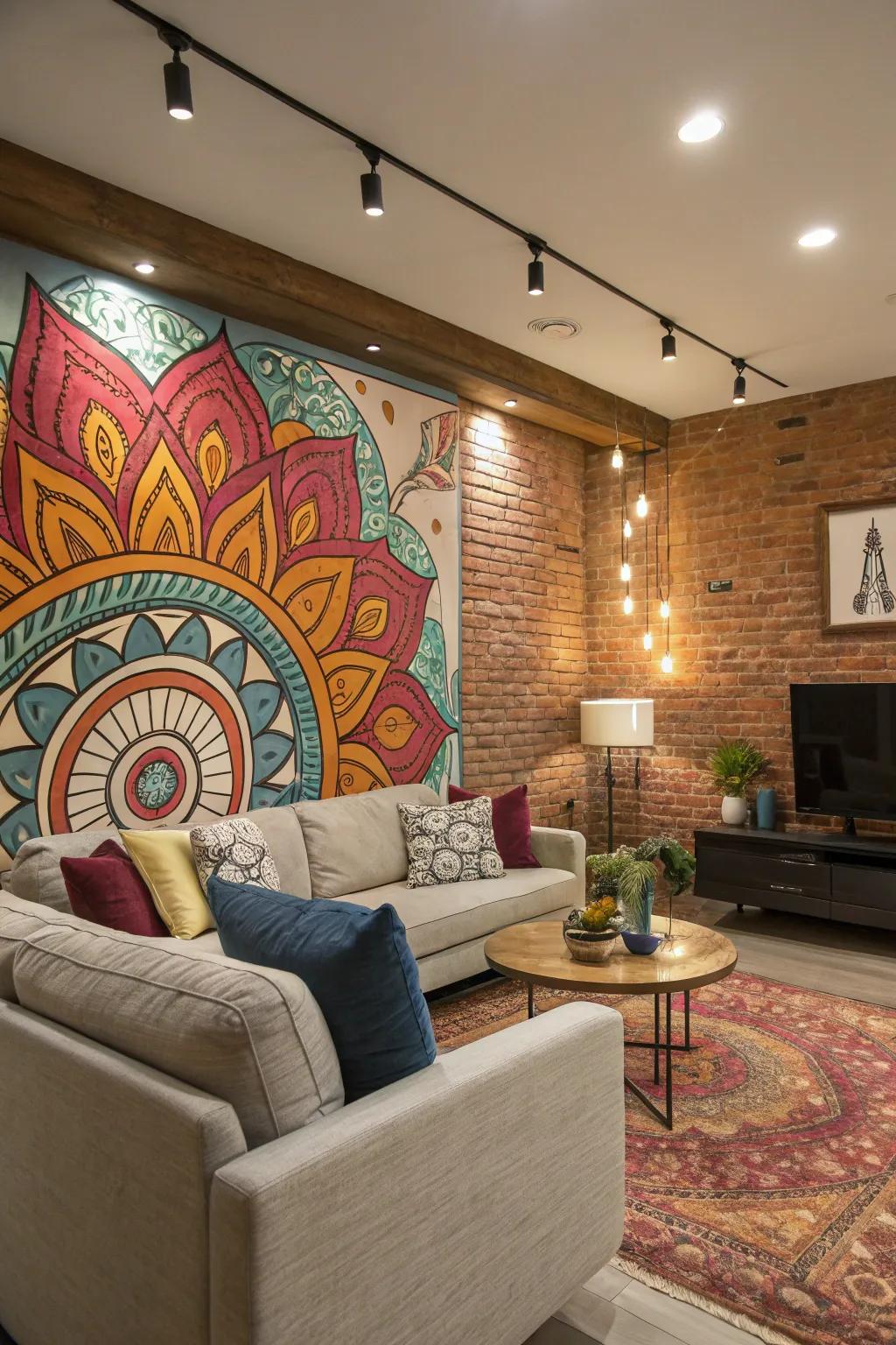 A custom mural evolves into the sitting room's centerpiece.