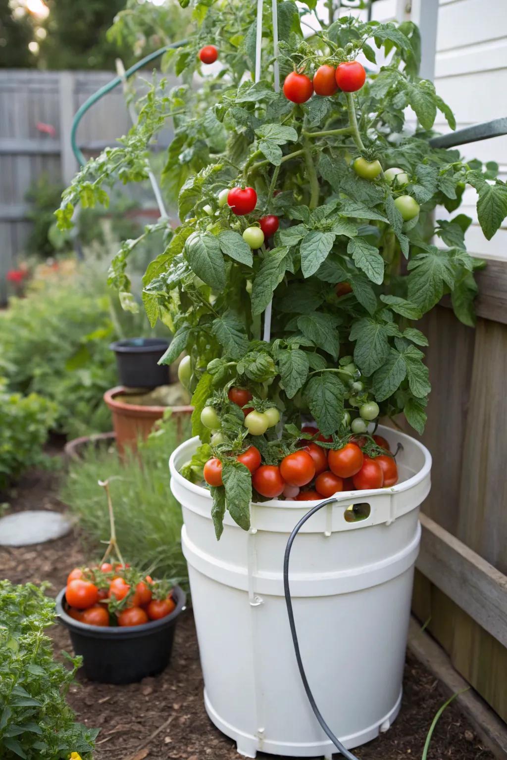 Tomato plants looking lush and healthy in a self-watering bucket system.