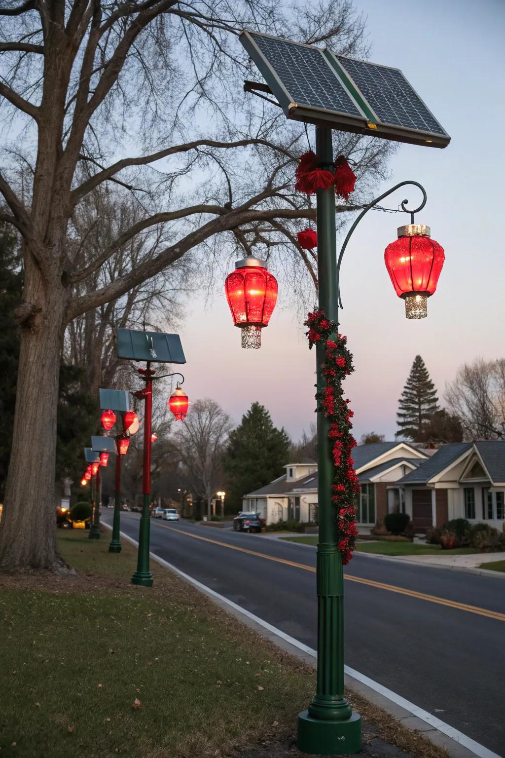 Solar-powered lanterns illuminate a lamp post with festive colors.