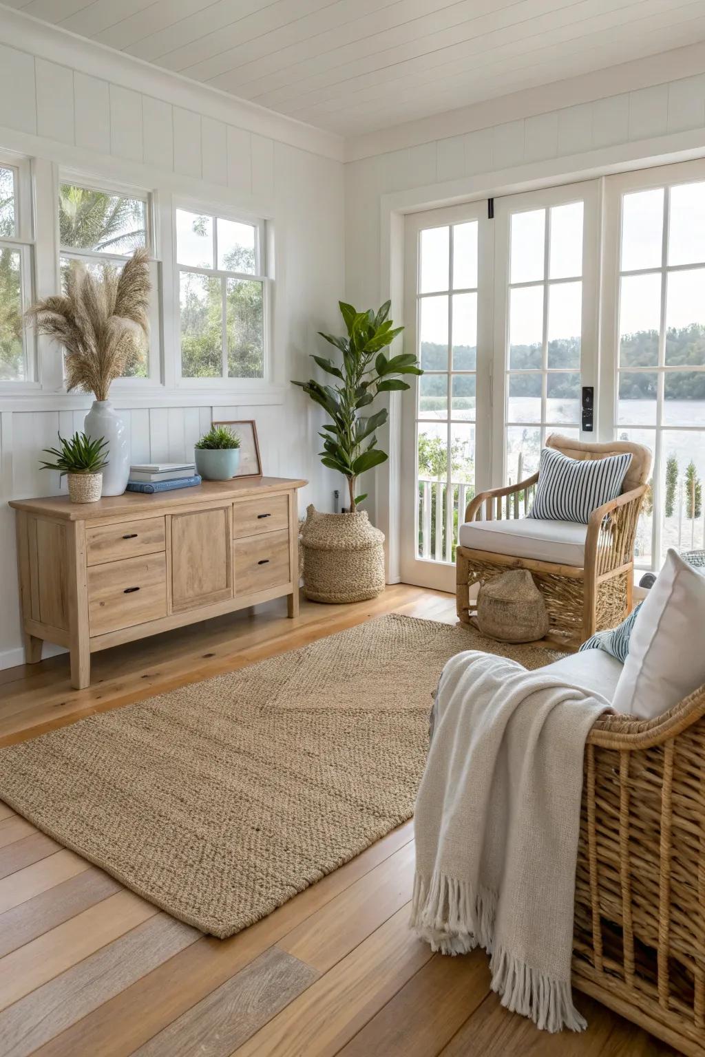 Textured rugs provide an earthy, coastal foundation.