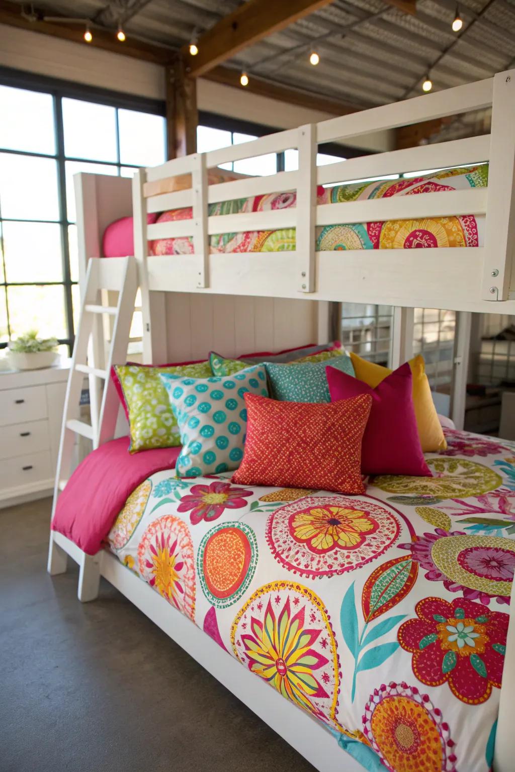 Bright bedding adds life and personality to your loft bed.