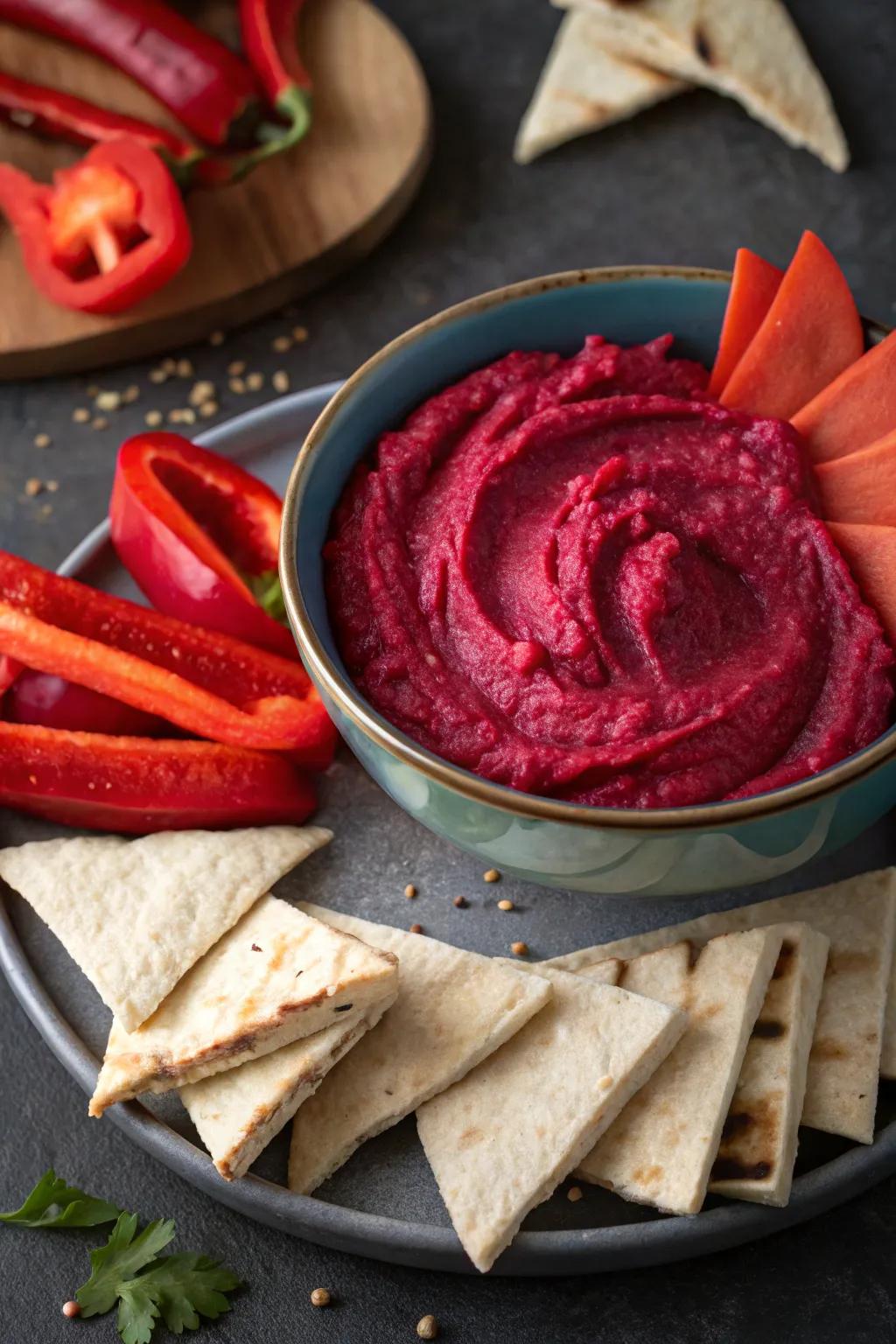 Vibrant crimson root dip served with scarlet bell pepper strips.