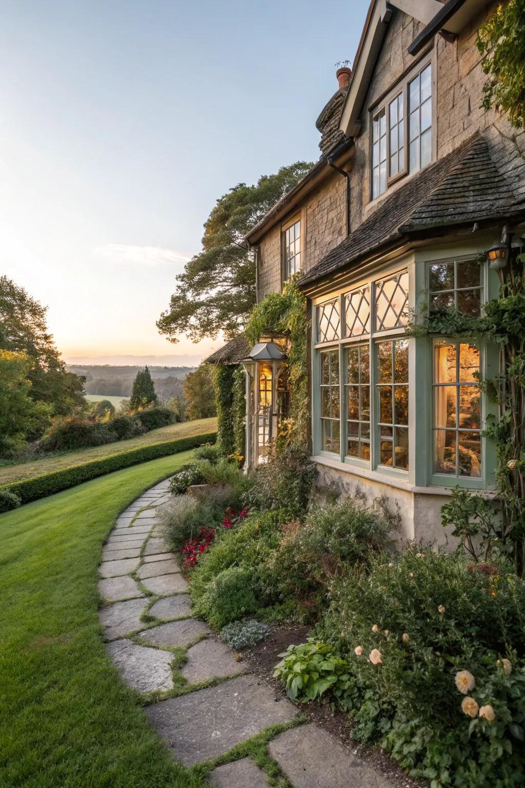 Expansive windows usher in natural light and garden vistas into the cottage.