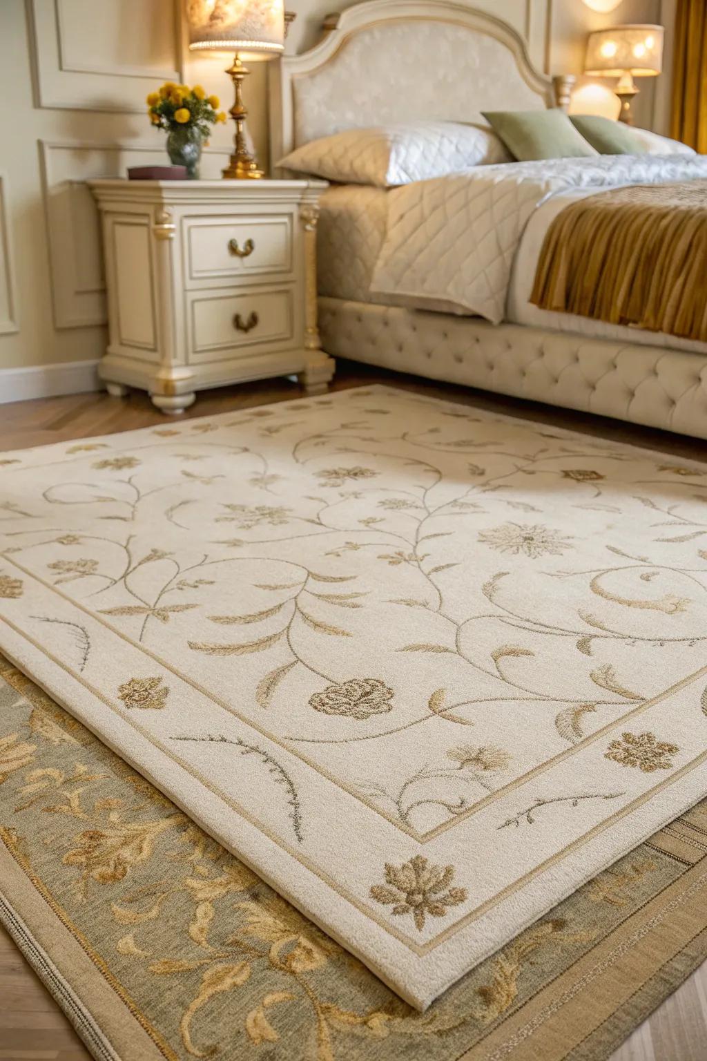 A subtle rug adds comfort and cohesiveness to the bedroom decor.