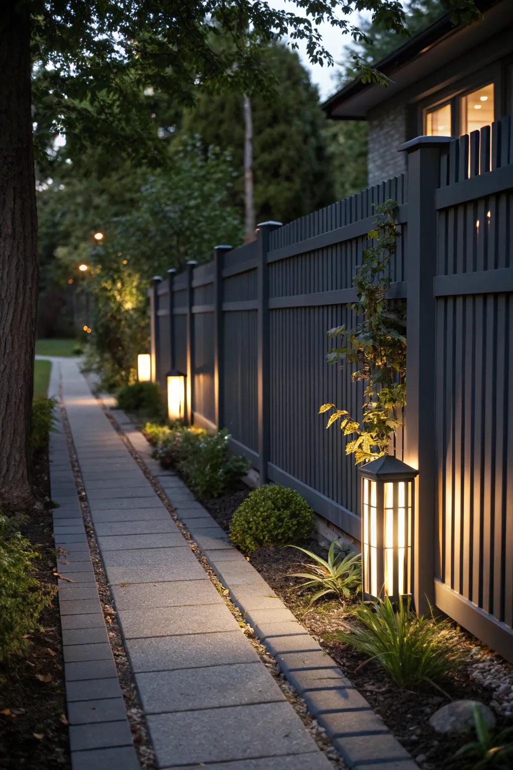 Outdoor lighting on a dark grey fence creates enchanting light and shadow effects.