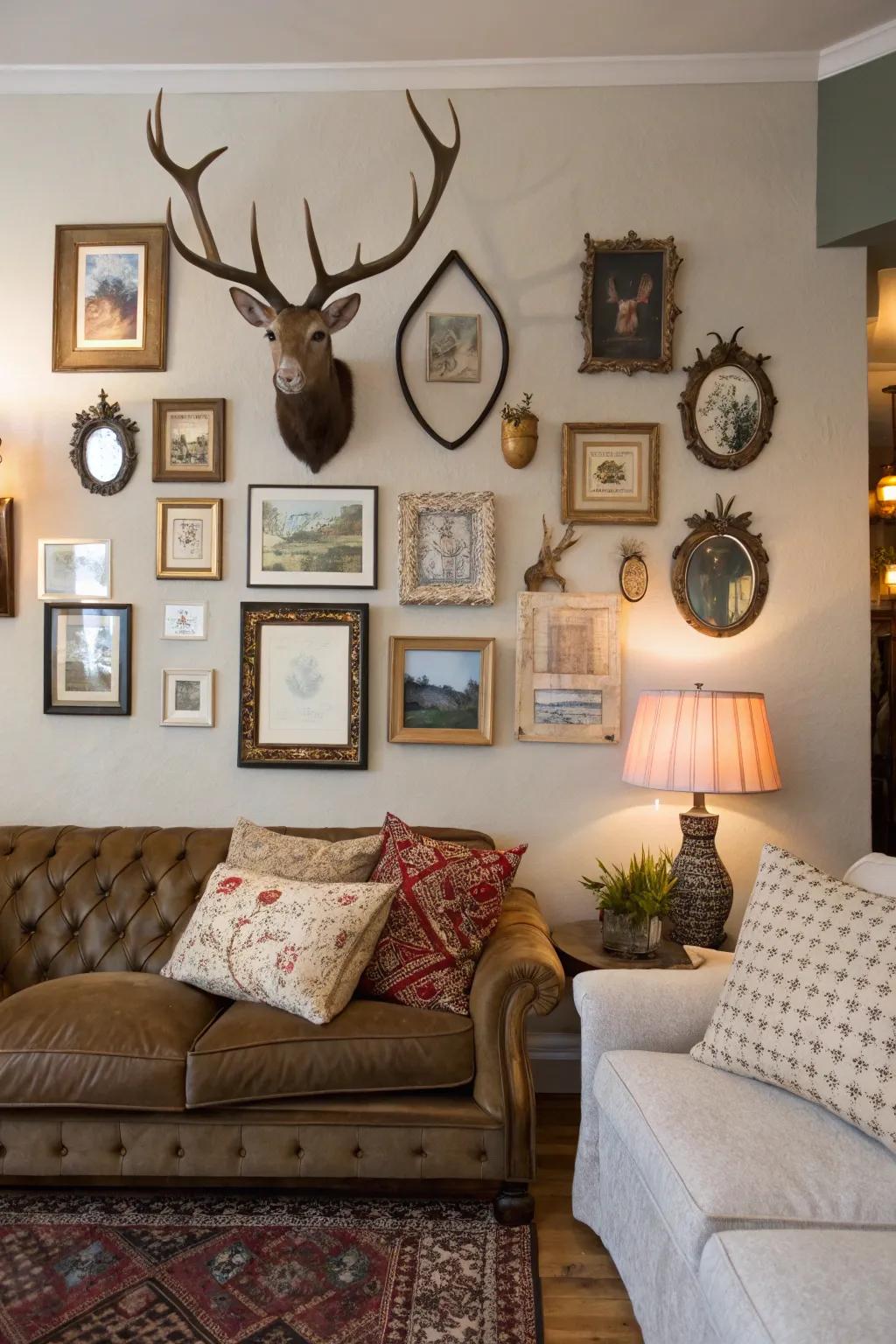 An eclectic living room wall features an artistic arrangement of deer antlers, framed art, and mirrors.