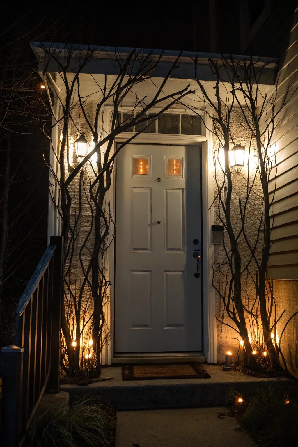 A haunted forest-themed door decoration for Halloween.