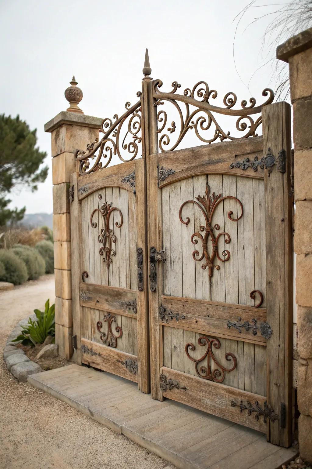 Vintage iron accents bring rustic elegance to this wood gate.