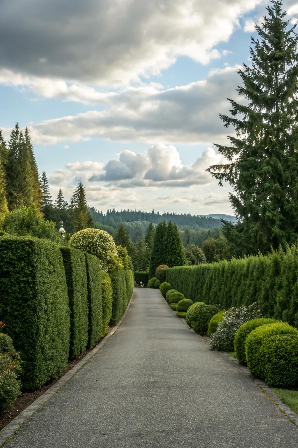 Evergreen hedges ensuring year-round greenery along a driveway.