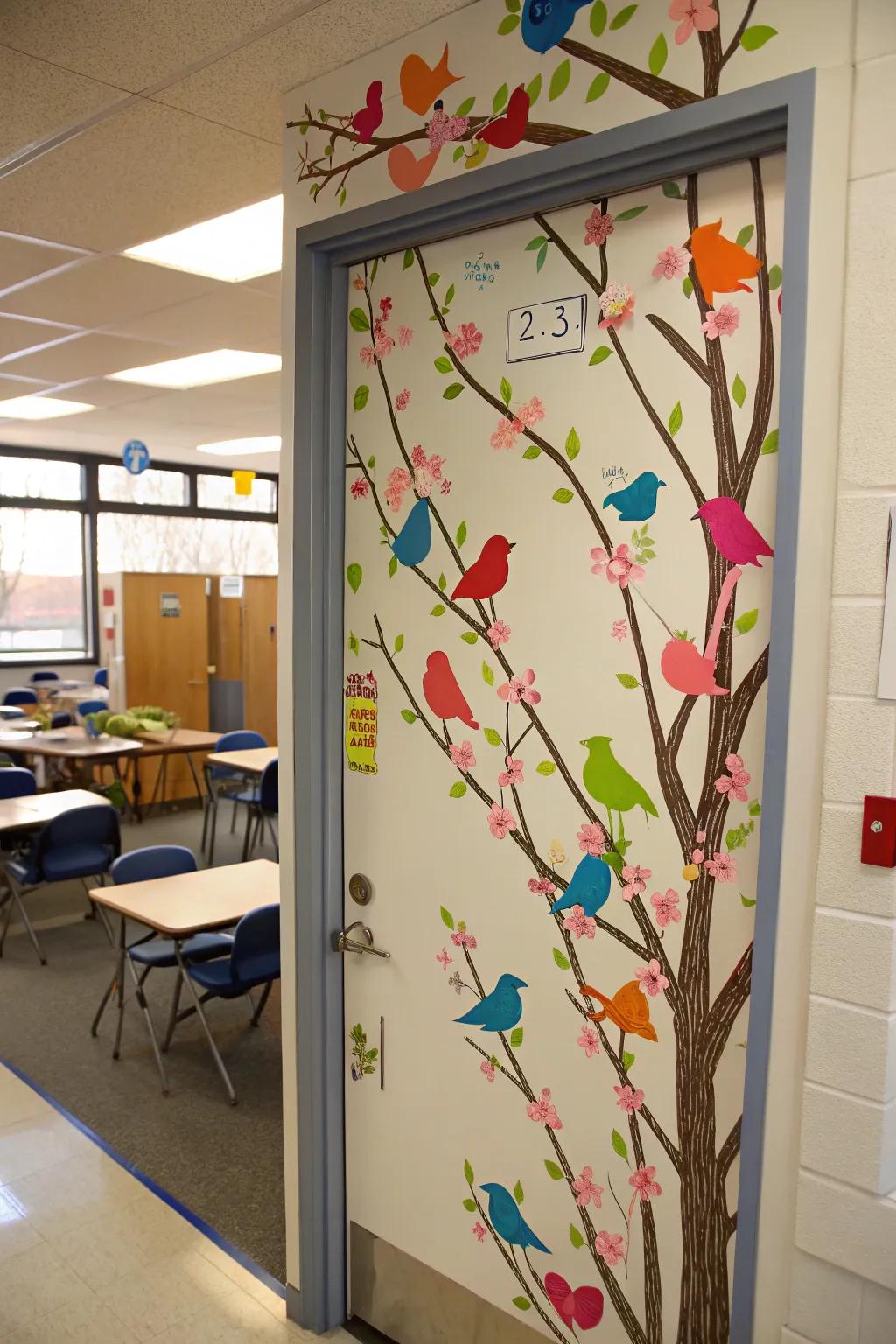 Chirping birds add a touch of nature to this classroom door, celebrating the delightful sounds of spring.