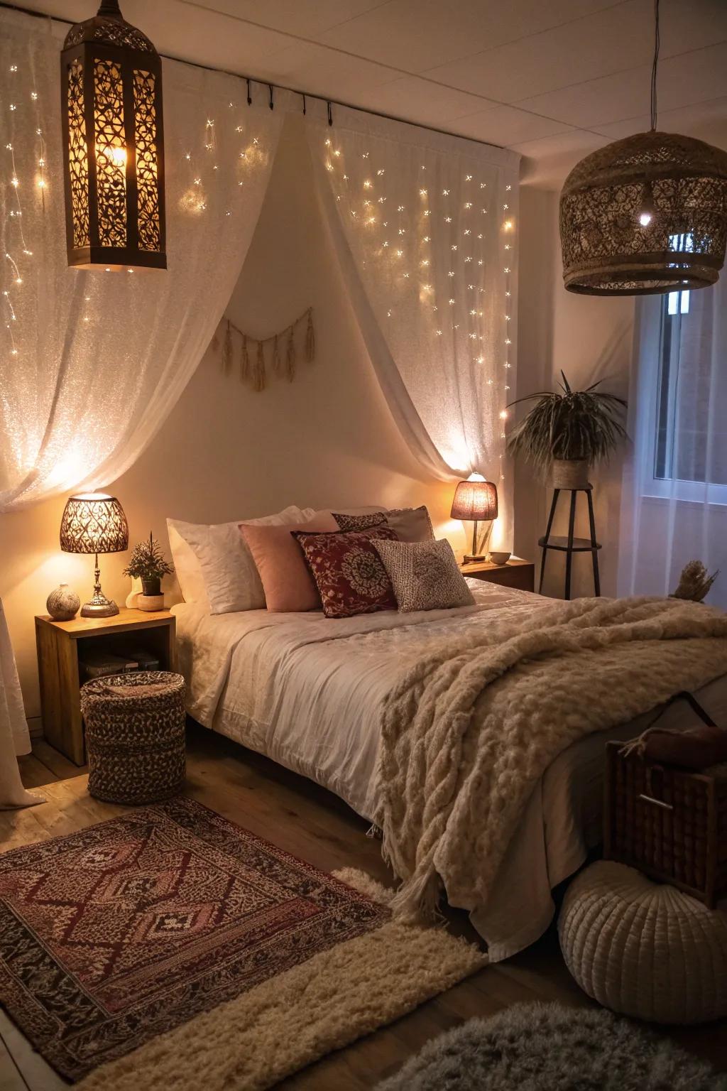 Decorative lighting sets the mood for a feng shui bedroom.