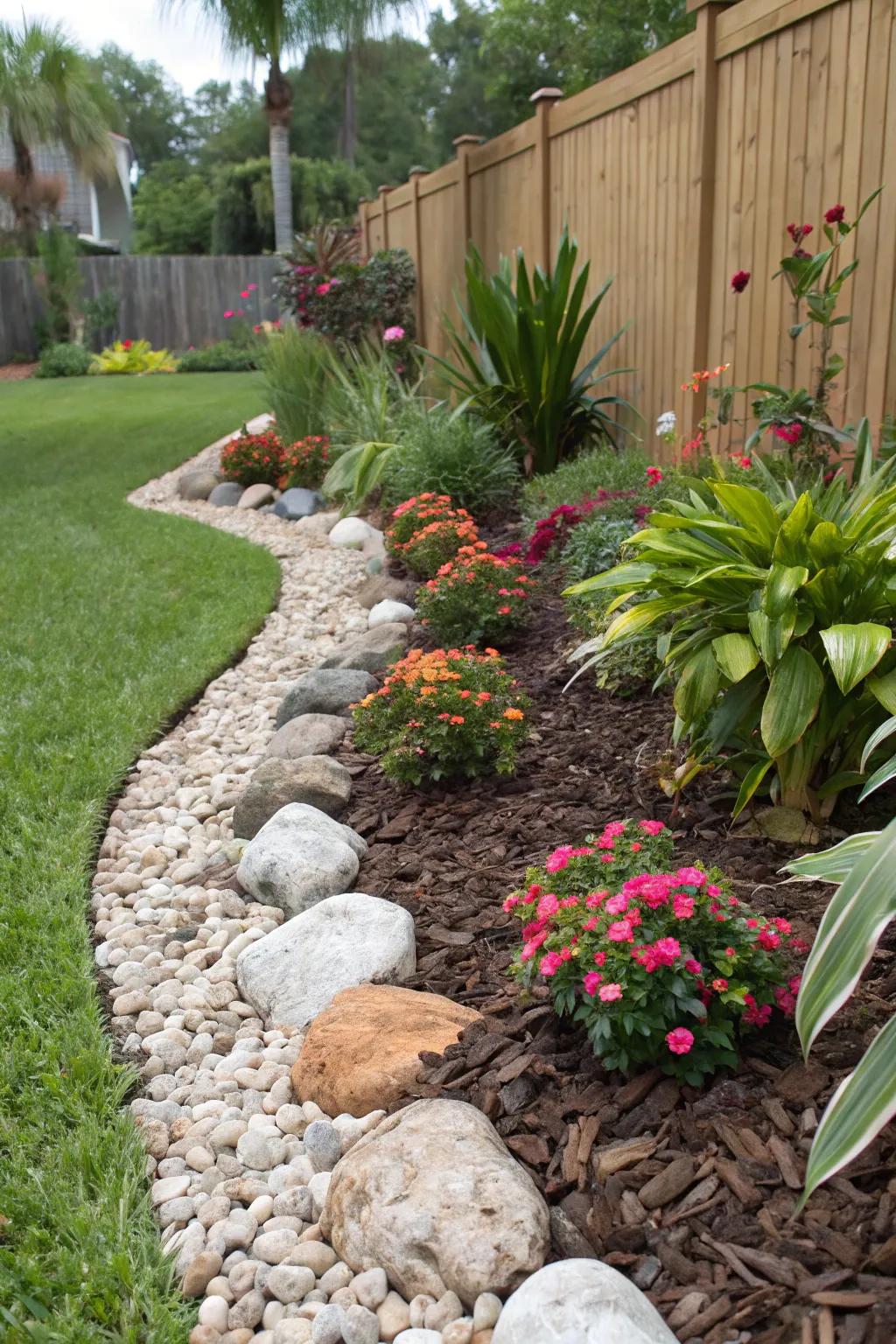 Mulch and rocks enhance texture and help with moisture retention.