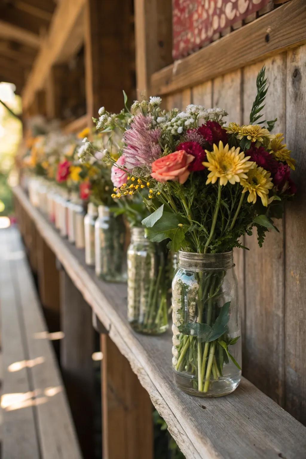 Charming mason jar arrangements with mixed blooms.