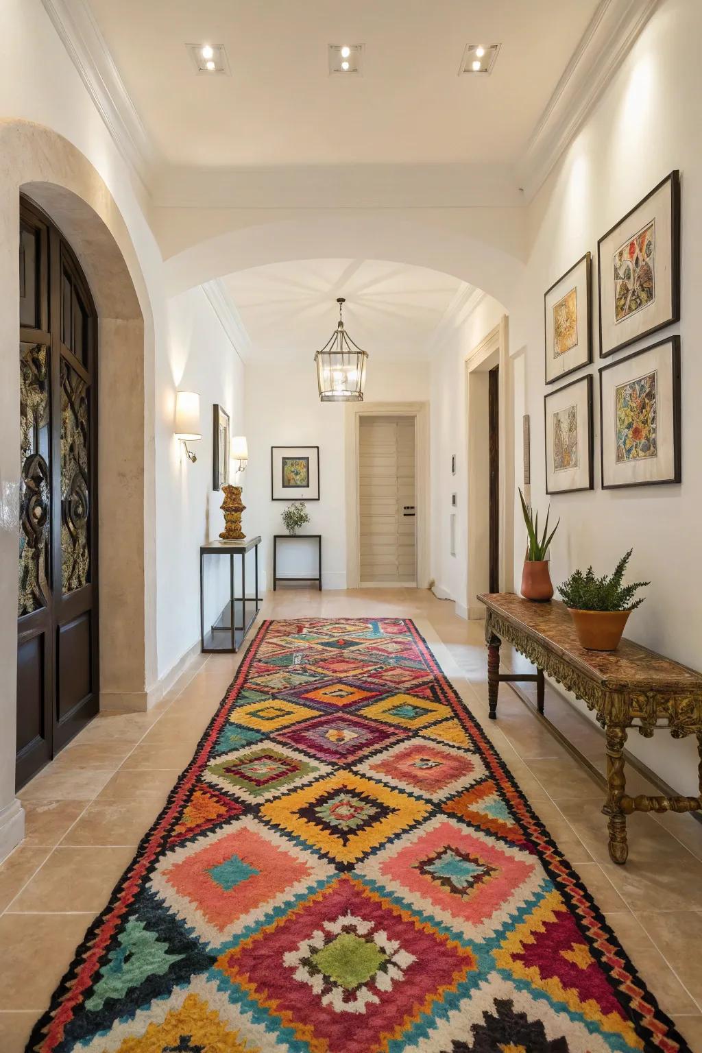 A colorful rug adds personality and warmth to the entryway.