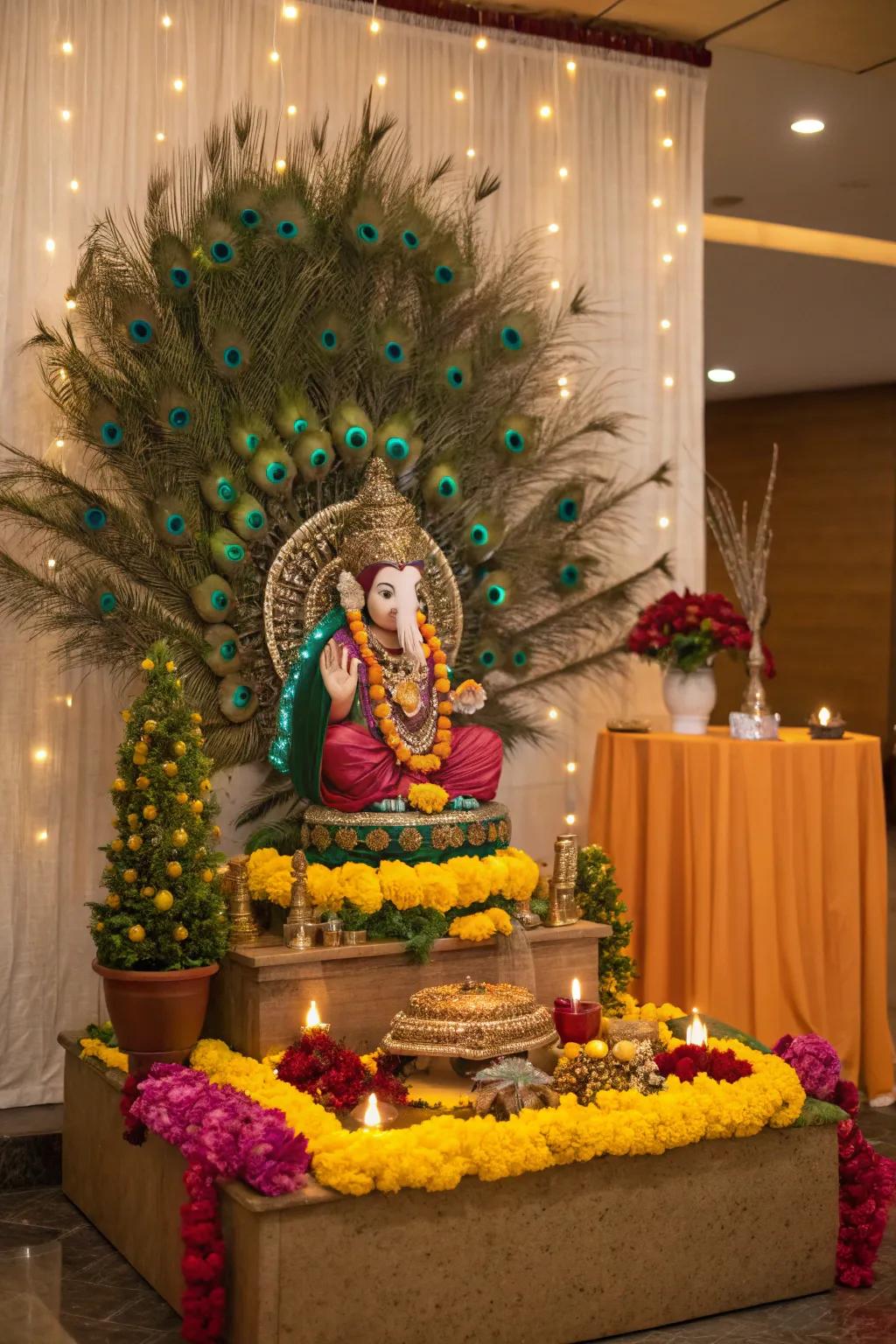 Elegant peacock feathers adding a touch of beauty and symbolism to Ganesh Chaturthi decor.