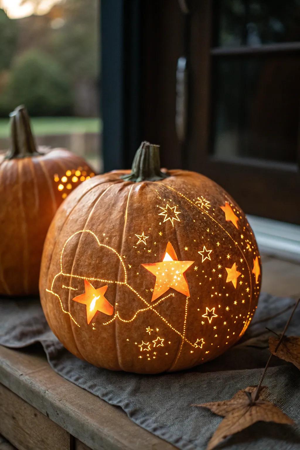 A magical starry night pumpkin, casting beautiful light and shadow patterns.