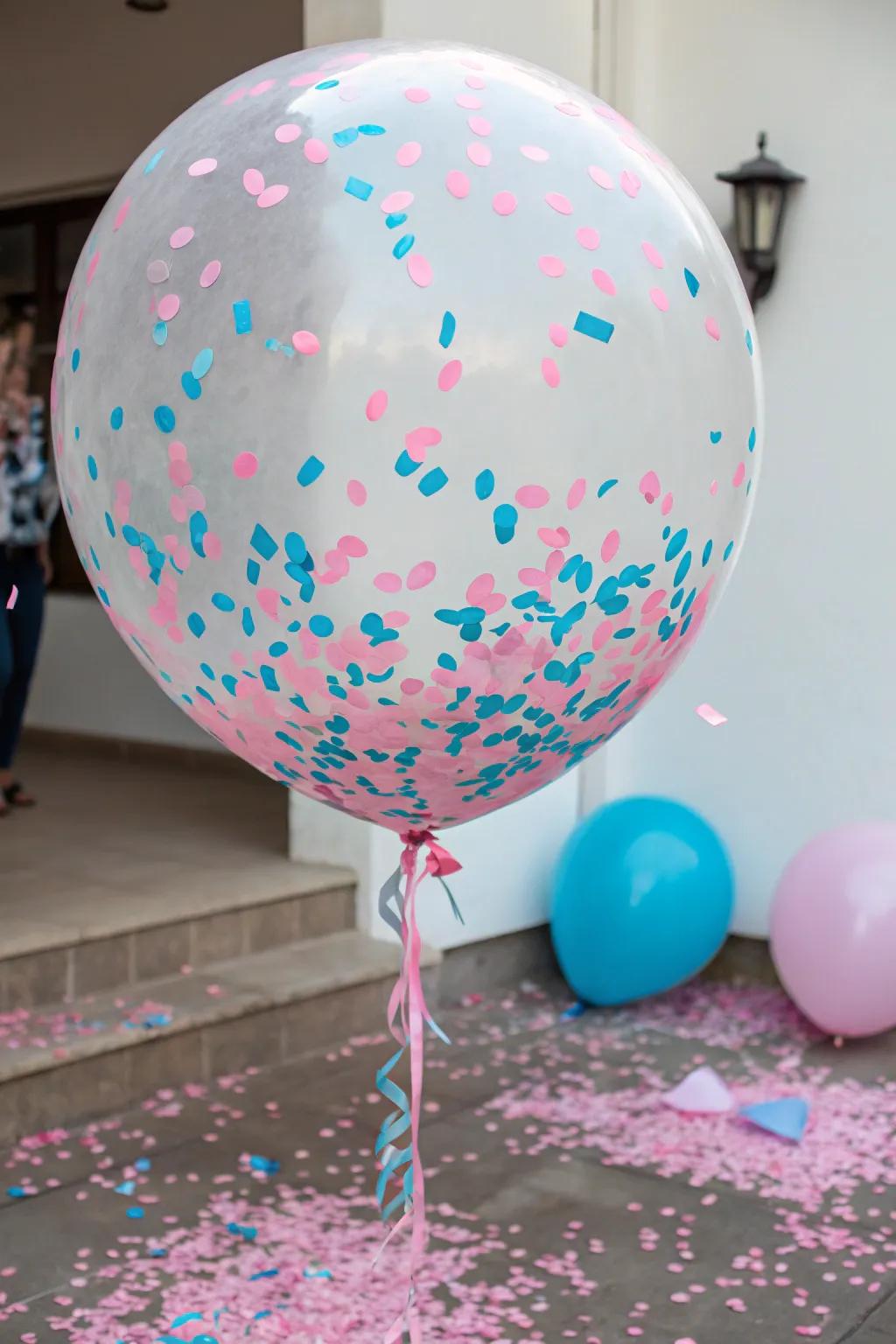 A suspenseful balloon poised to reveal the eagerly awaited surprise.