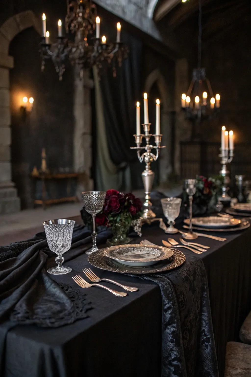 A gothic wedding table setting with vintage cutlery and dark linens.