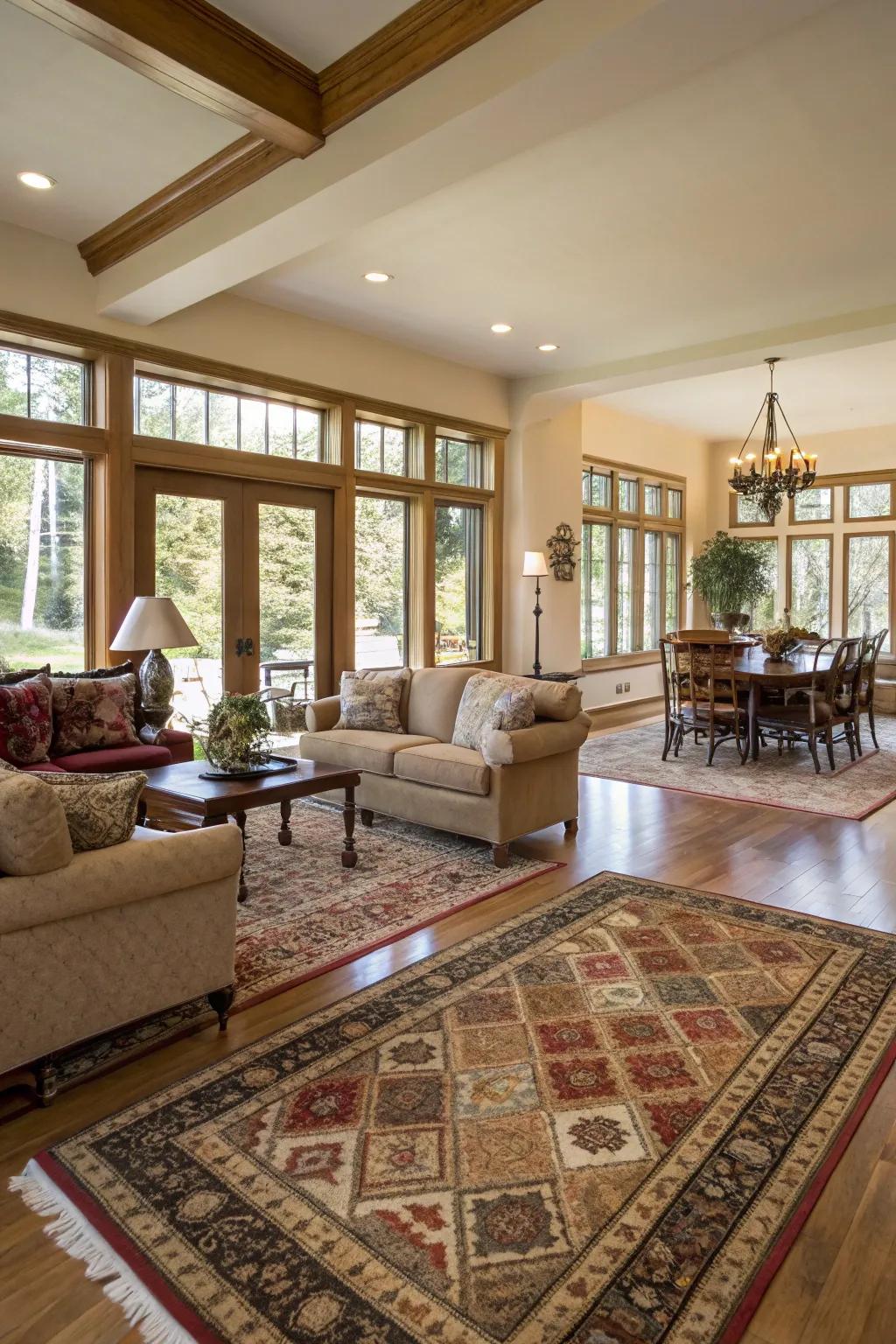 Rugs add definition and comfort to the great room layout.