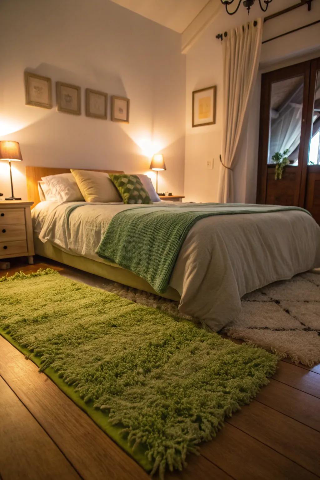 A green area rug adds warmth and ties together this inviting bedroom.