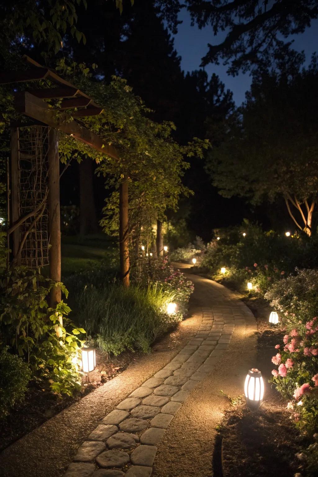 Subtle garden illumination, enhancing both enjoyment and security during evening.
