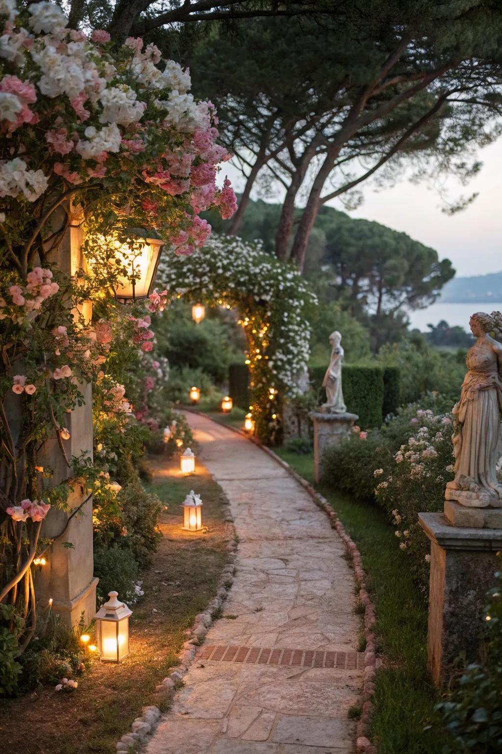 Outdoor lighting enhances the garden's beauty as night falls.