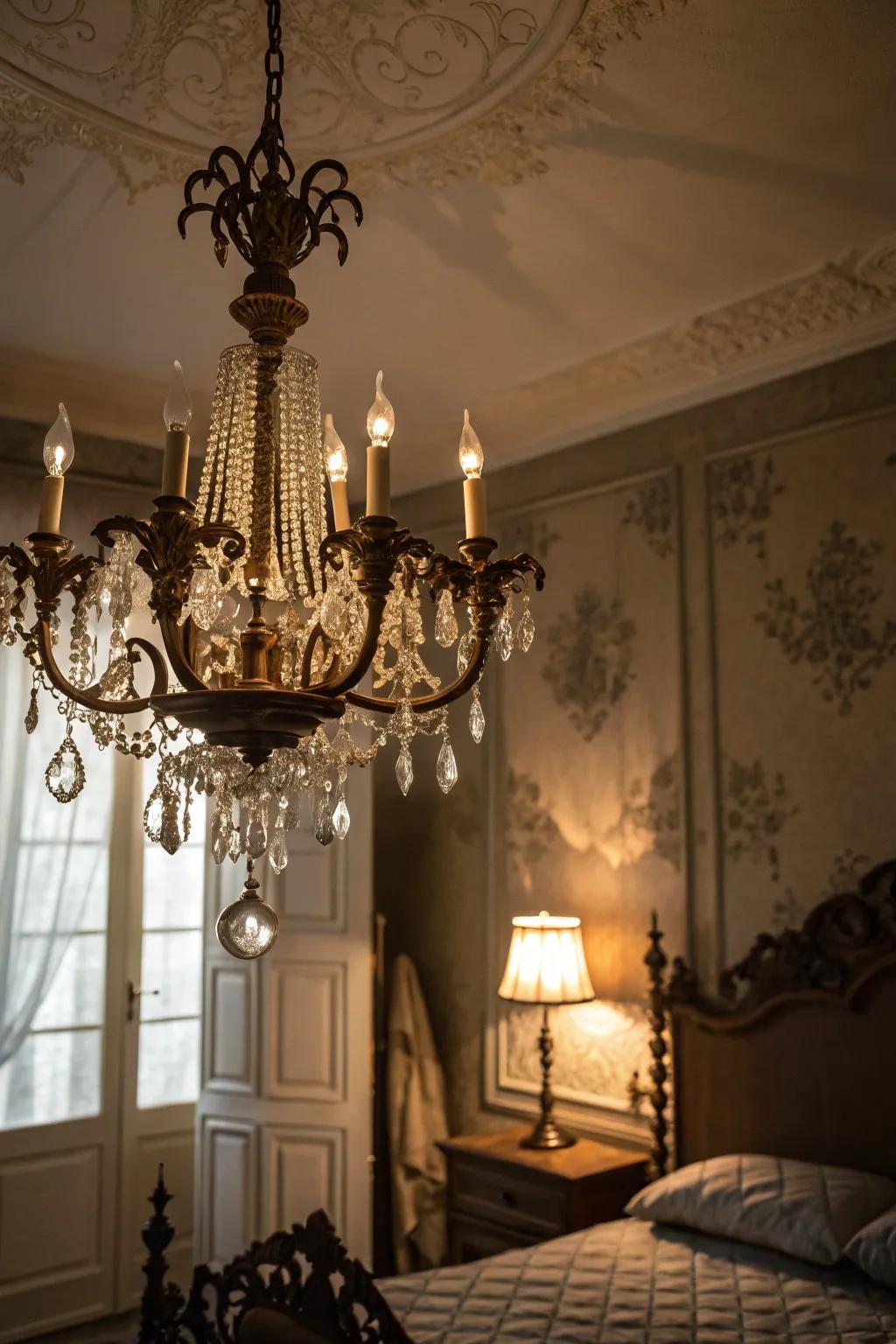 A chandelier serves as a dramatic focal point.