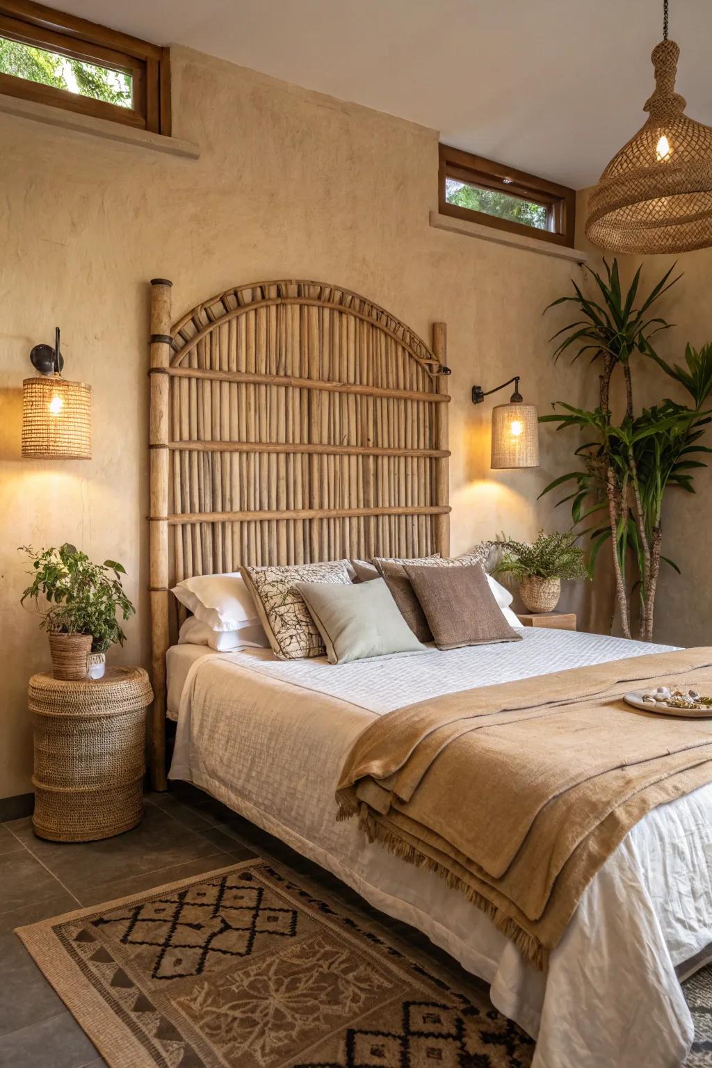 Bring the outdoor vibe into your space with natural material headboards.