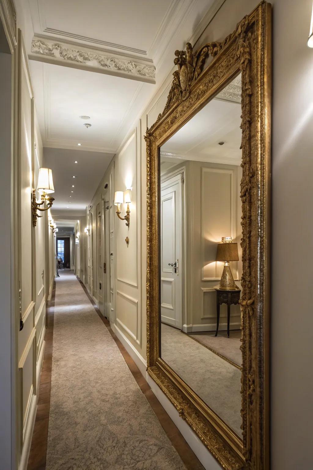 A hallway with a hidden door disguised as a large mirror.