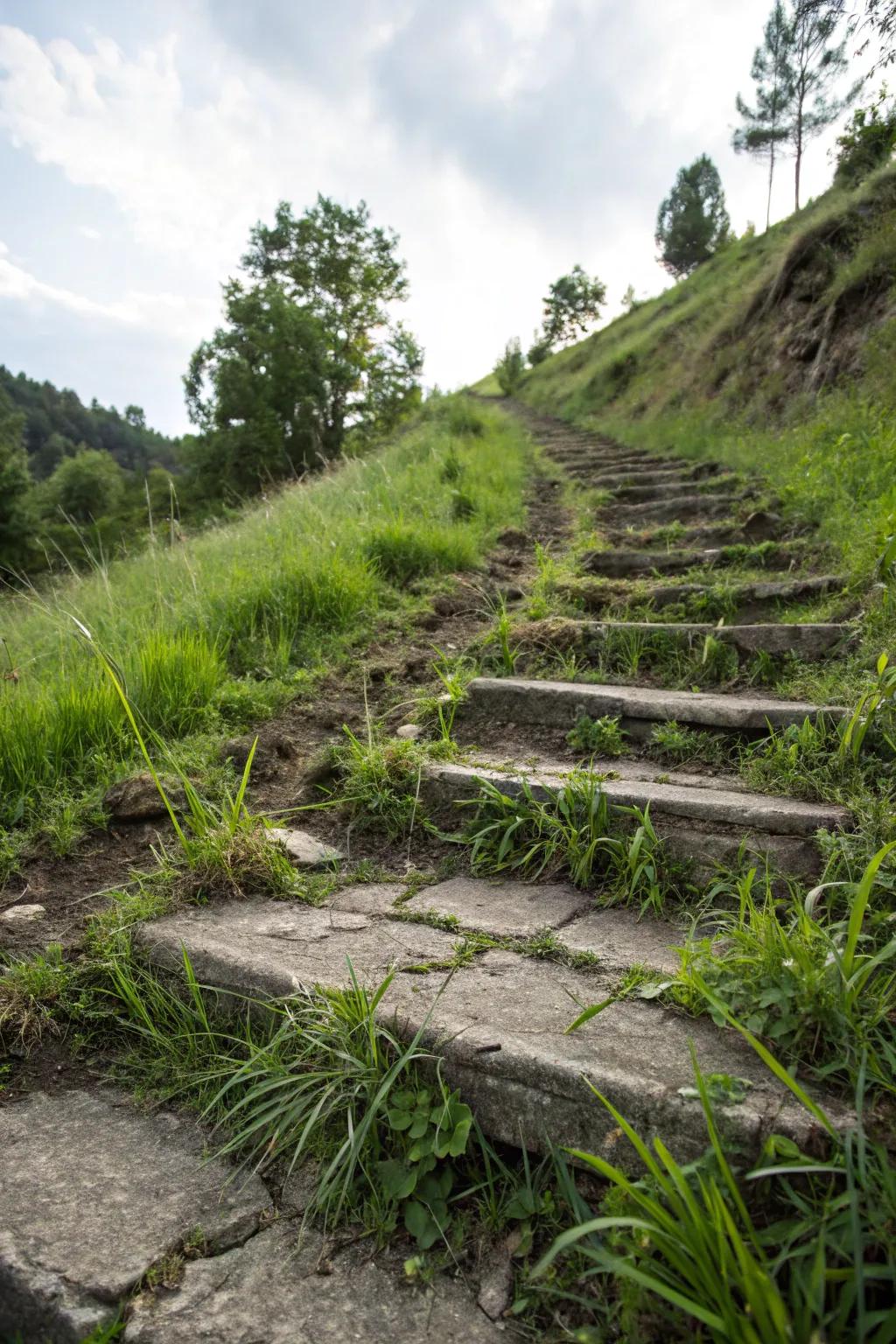 Grass-covered steps blend functionality with natural beauty.